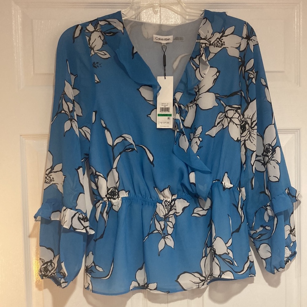 Calvin Klein Floral Print Chiffon Ruffle Trim V-Neck Long Sheer Sleeve Top,